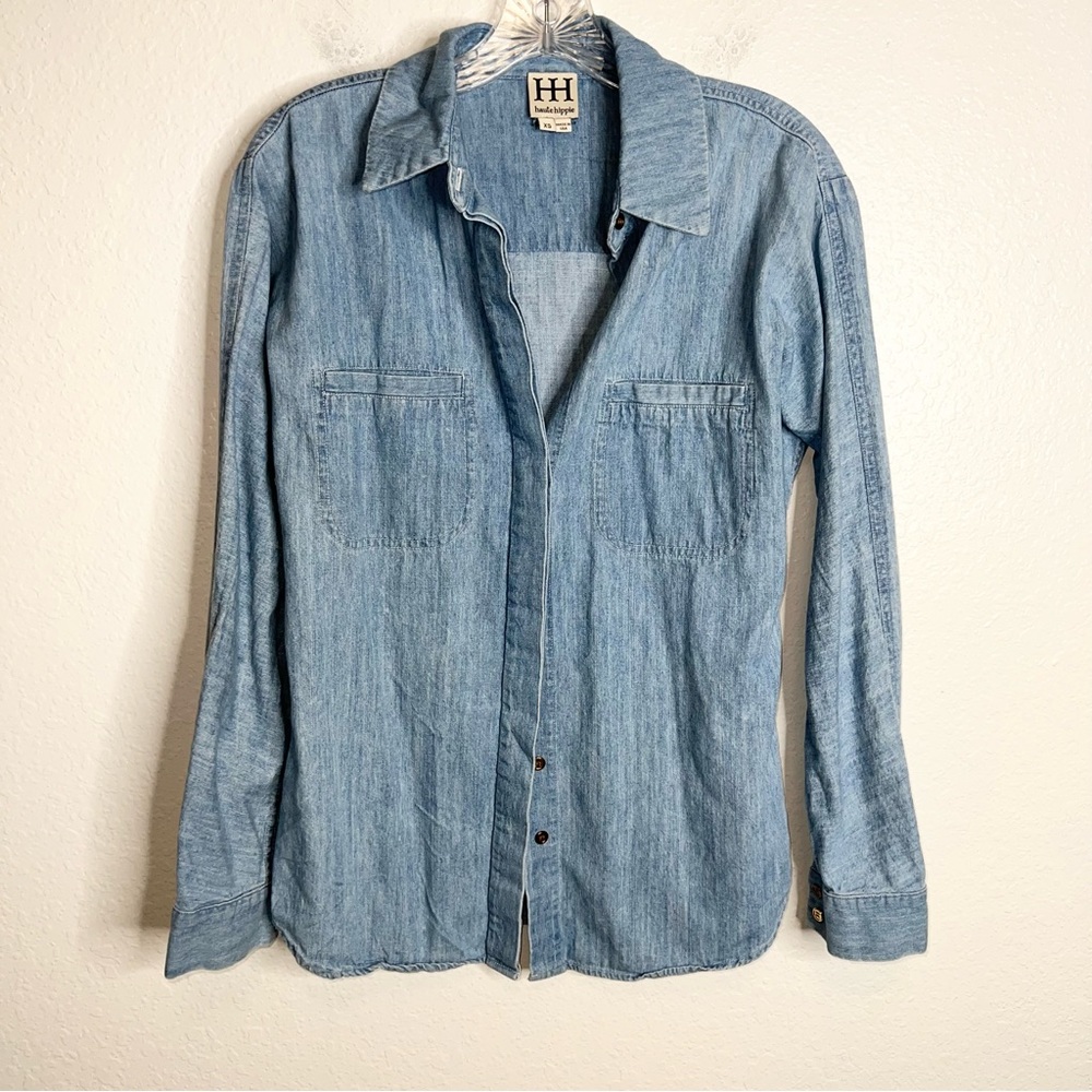 Haute Hippie Women XS Blue Chambray Button Front Long Sleeve Shirt Top blouse